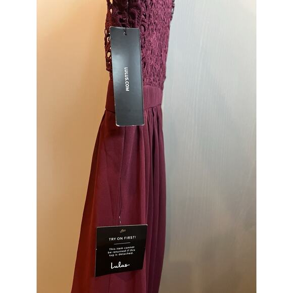 LULU'S Angel in Disguise Burgundy Lace Chiffon Skater Dress Women's Medium NWT - Picture 5 of 6